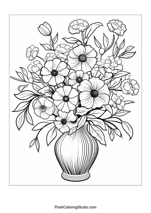 A vase overflowing with vibrant flowers and greenery.