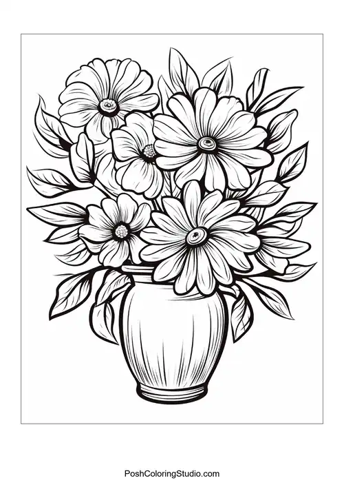 A vase filled with large, blooming flowers and leaves.