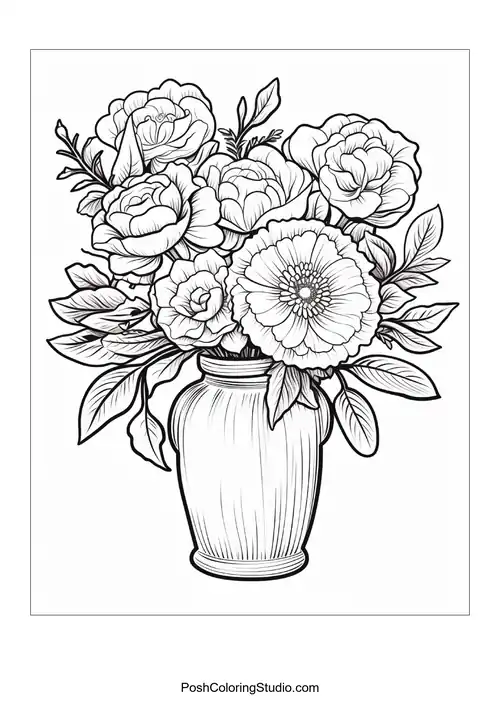 A vase filled with various flowers and leaves.