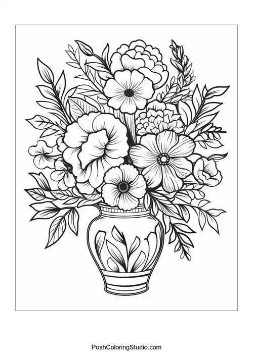 A decorative vase brimming with colorful flowers.