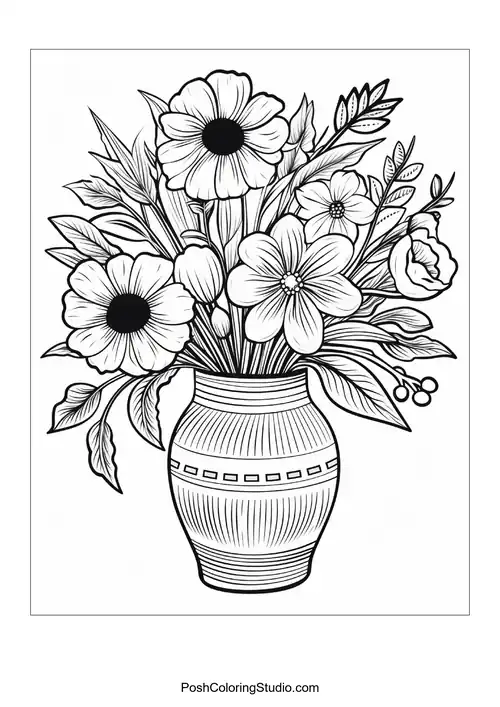 A vase filled with various flowers and intricate leaves.