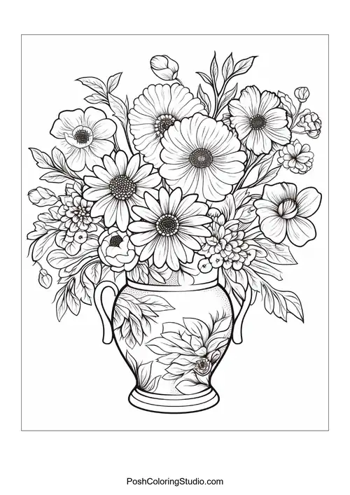 A vase overflowing with assorted flowers and leaves.