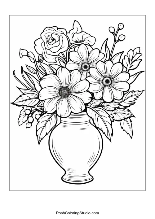 A decorative vase brimming with assorted flowers.