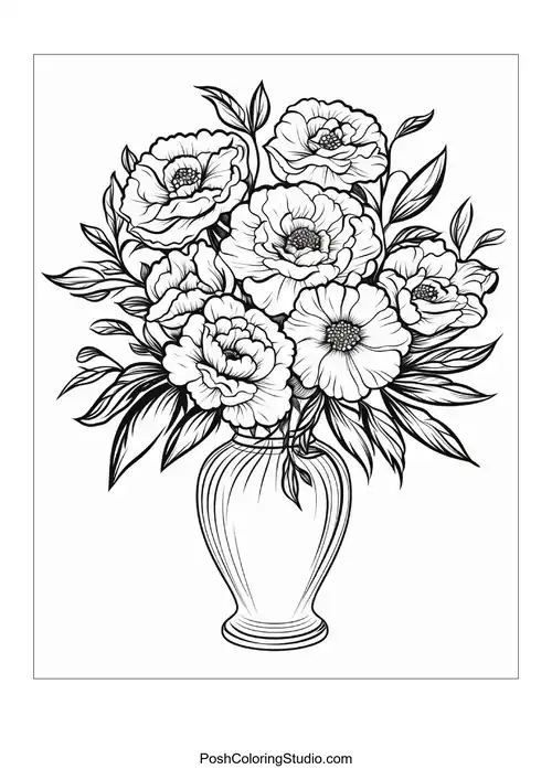 A vase filled with various flowers and detailed leaves.