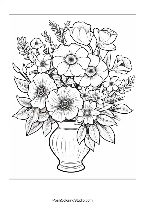 A vase overflowing with assorted flowers and greenery.