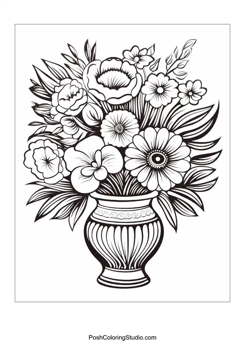 A decorative vase brimming with colorful flowers.