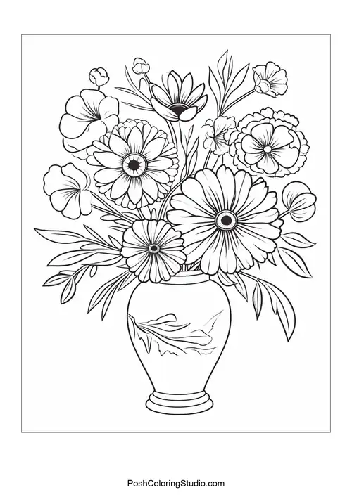 A vase filled with various flowers and intricate leaves.