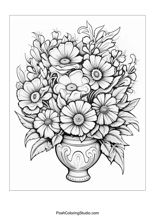 A decorative vase overflowing with assorted flowers.