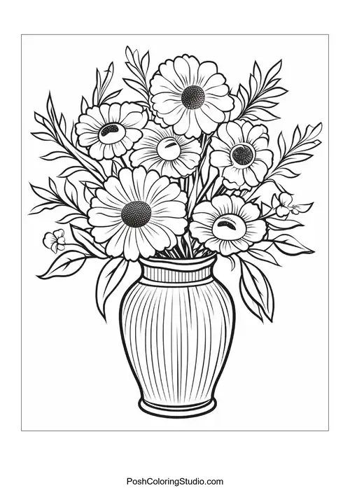 A vase overflowing with assorted flowers and leaves.