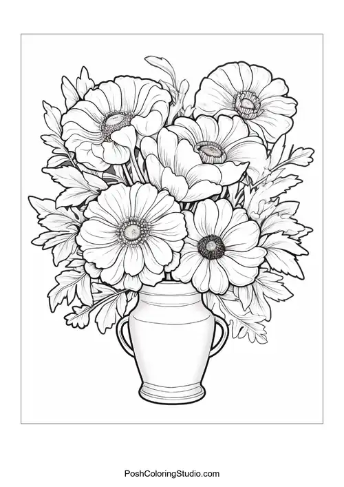 A decorative vase brimming with assorted flowers.