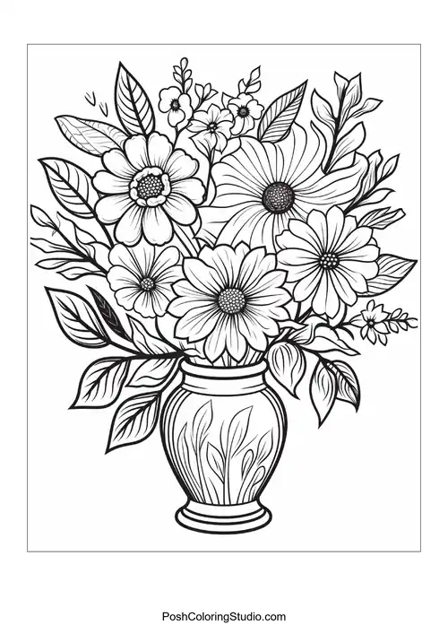 A vase filled with various flowers and leaves.
