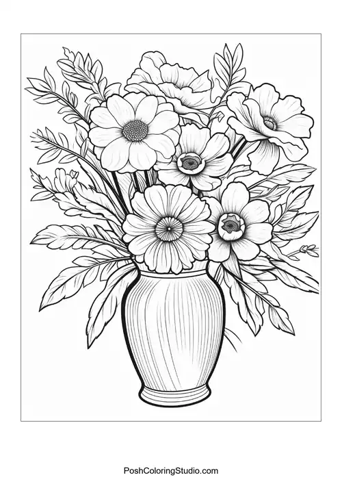 A vase overflowing with assorted flowers and foliage.