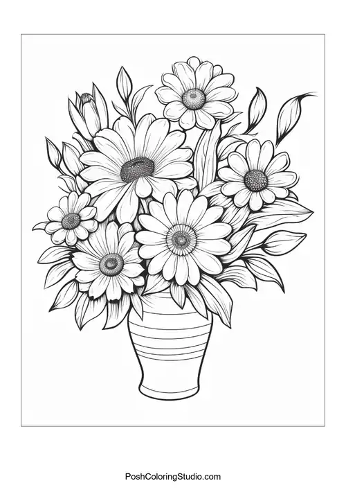 A striped vase filled with blooming flowers.