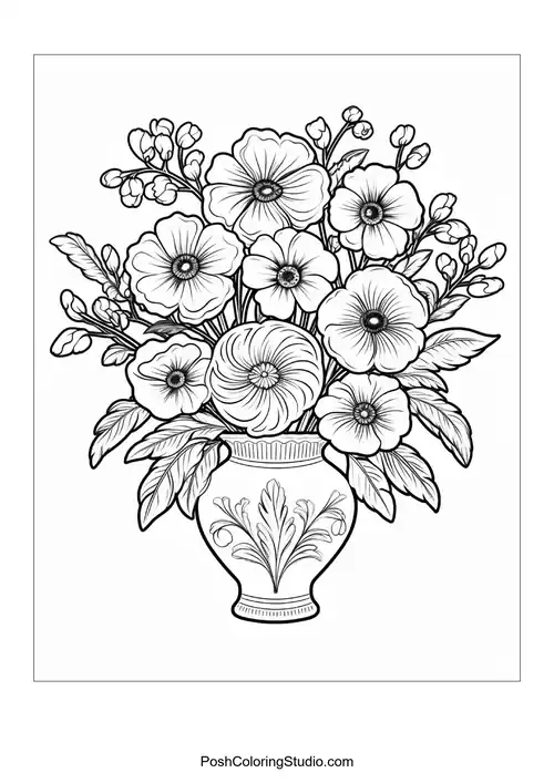 An ornate vase brimming with various flowers.