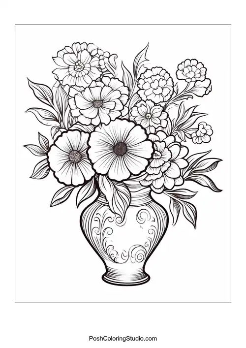 A vase adorned with flowers and swirling patterns.