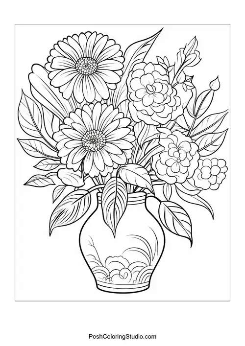 A vase filled with vibrant flowers and detailed leaves.
