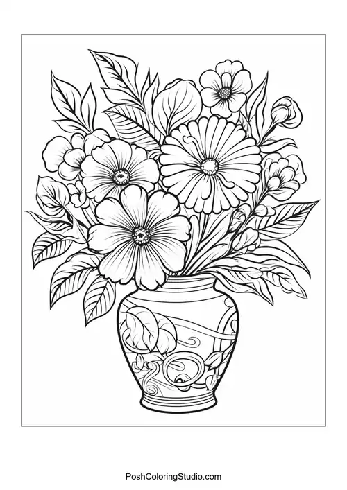 A vase filled with a variety of flowers and buds.