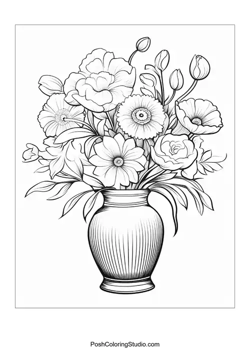 A vase overflowing with flowers and leafy accents.