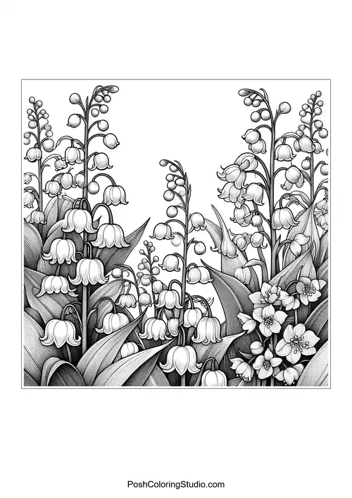 A detailed arrangement of lily of the valley flowers and leaves.