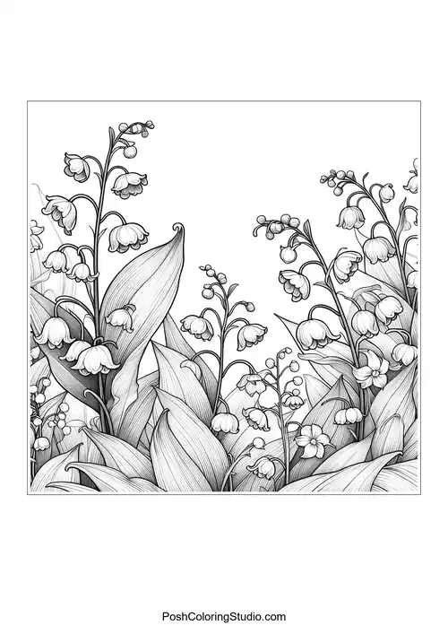 A cluster of lily of the valley flowers with intricate details.