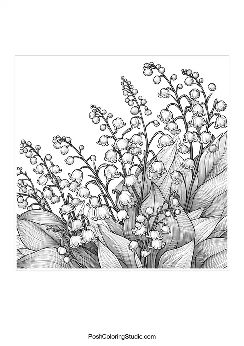 A dense arrangement of lily of the valley flowers and leaves.