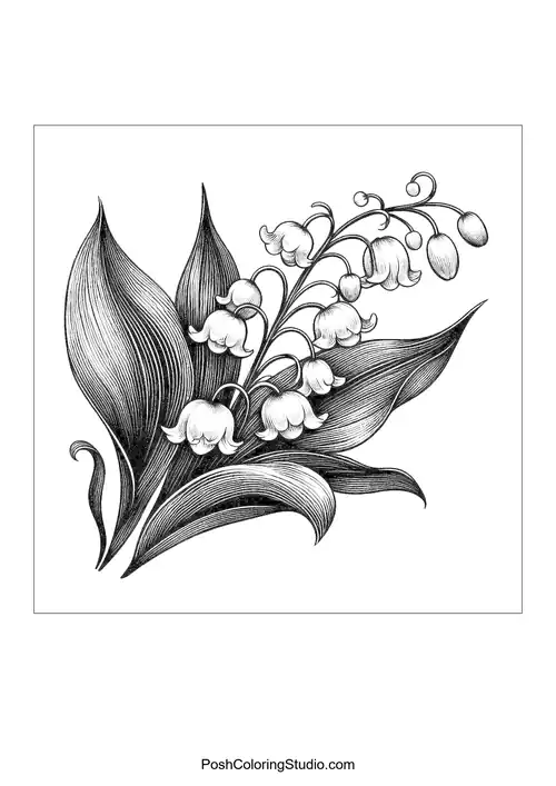 A bouquet of lily of the valley flowers with flowing leaves.