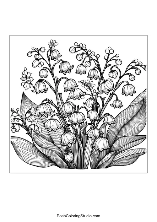 A cluster of lily of the valley flowers with decorative elements.