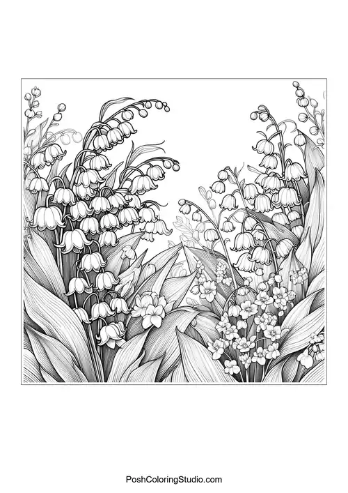 A dense cluster of lily of the valley flowers with intricate lines.