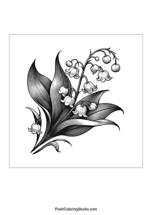 A detailed lily of the valley flower with large leaves.