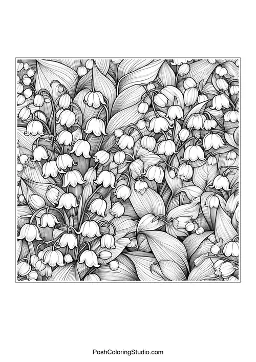 A dense cluster of lily of the valley flowers among large leaves.