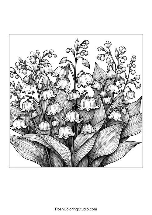 A bouquet of lily of the valley flowers with prominent leaves.