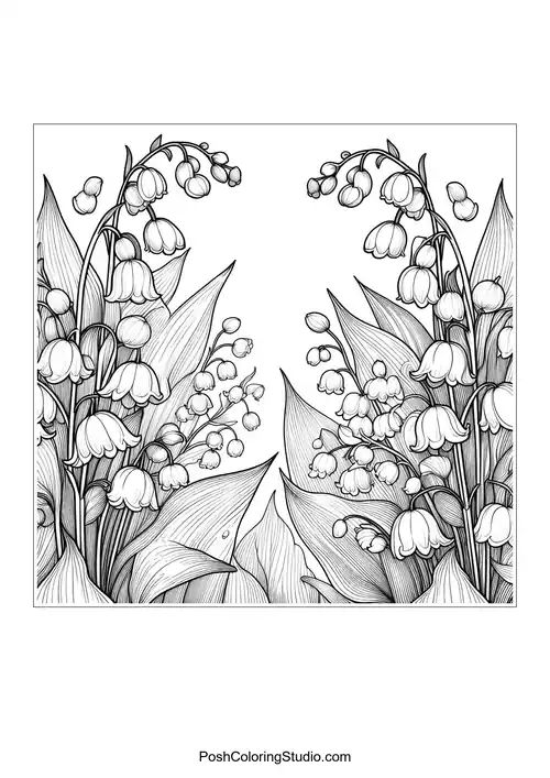 Two clusters of lily of the valley flowers framed by leaves.