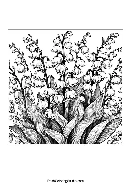 A large grouping of lily of the valley flowers with layered leaves.