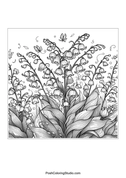Lily of the valley flowers with butterflies and swirling elements.