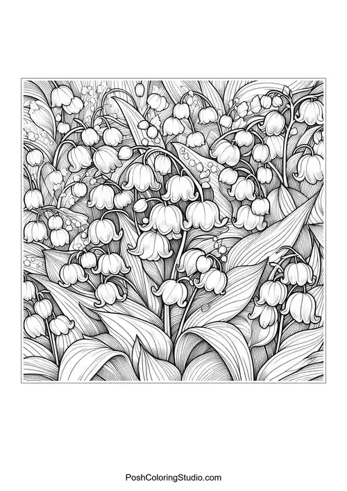 A dense cluster of lily of the valley flowers with intricate leaves.