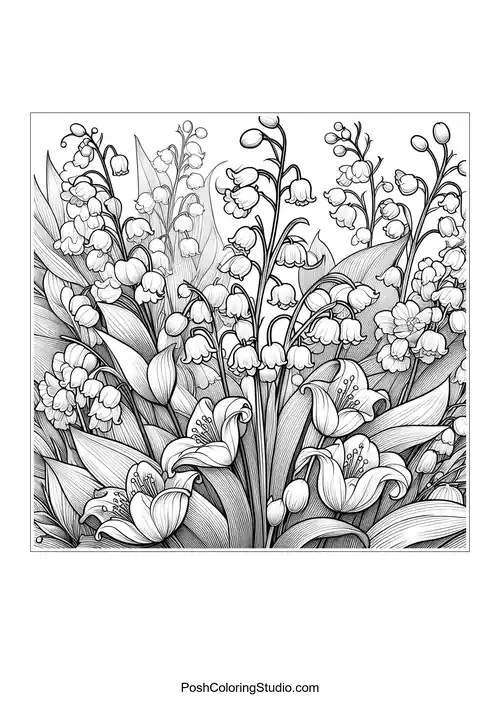 A dense cluster of lily of the valley flowers and leaves.