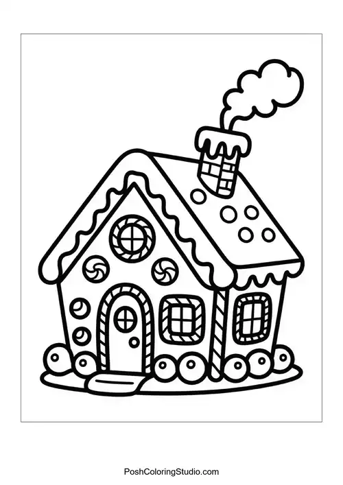 A gingerbread house with a candy cane chimney.
