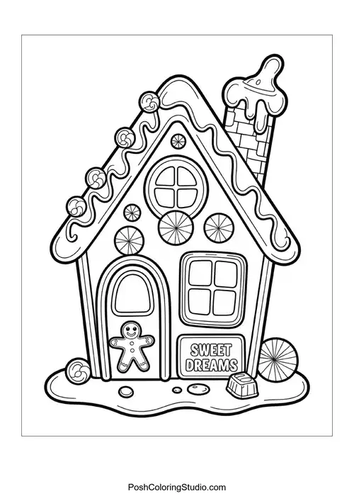A gingerbread house with a festive greeting.