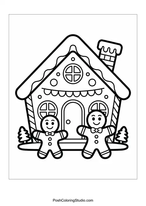 A gingerbread house with two gingerbread figures.