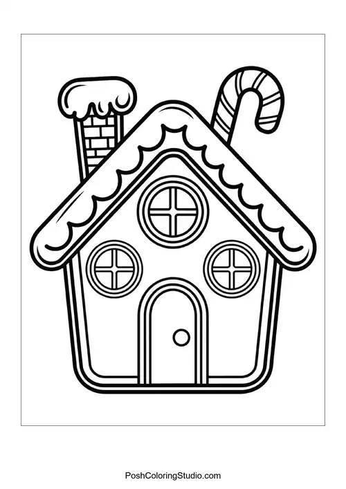 A gingerbread house with a candy cane chimney.