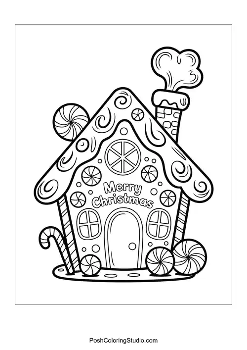 A gingerbread house with a candy cane chimney.