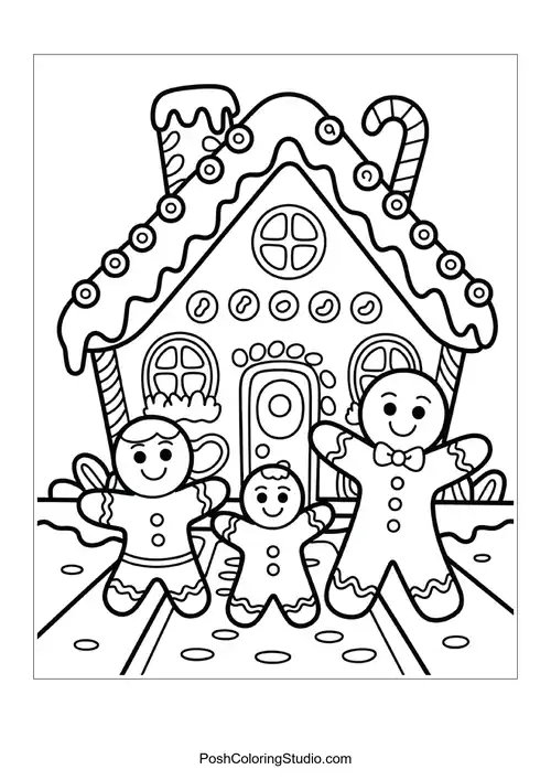 A gingerbread house with three gingerbread figures.