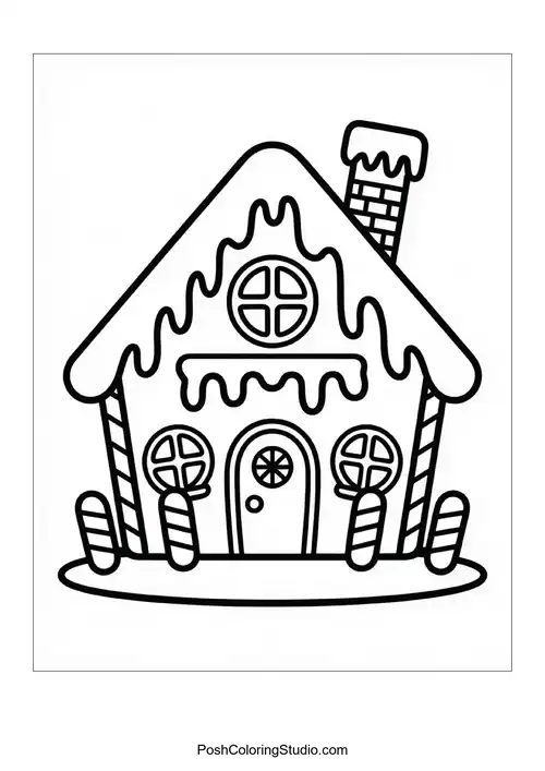 A gingerbread house with candy cane decorations.