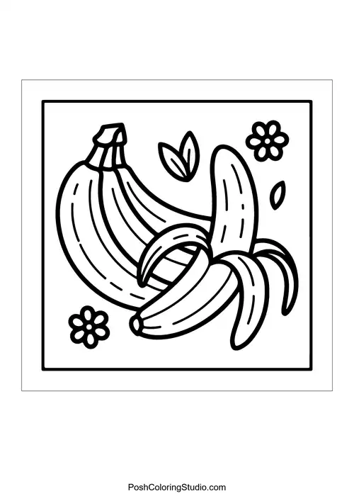 Two bananas with decorative flowers and leaves.