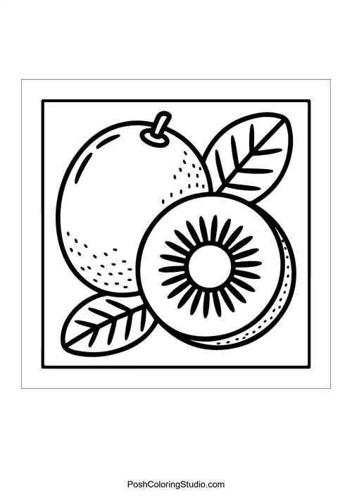 A kiwi with a slice and leaves.