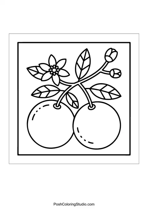 Two oranges with flowers and leaves.