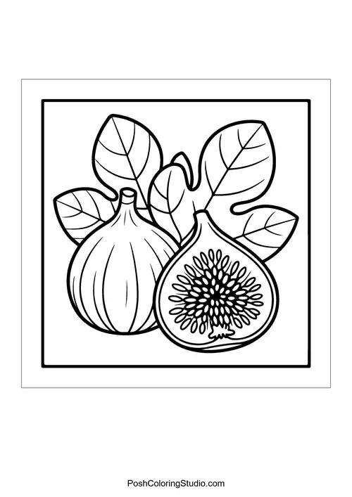 A fig with leaves and a cross-section.