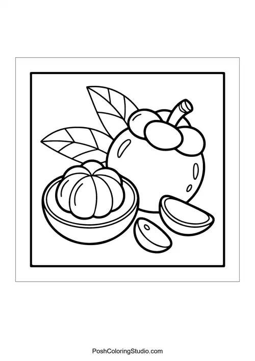 A mangosteen with a shell and seeds.
