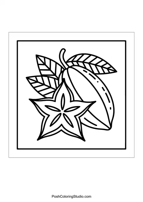A star fruit with leaves and a slice.