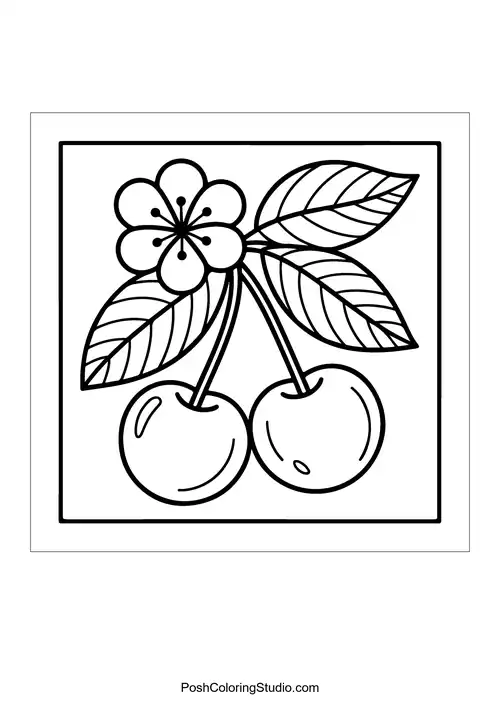 A cherry blossom branch with flowers and leaves.